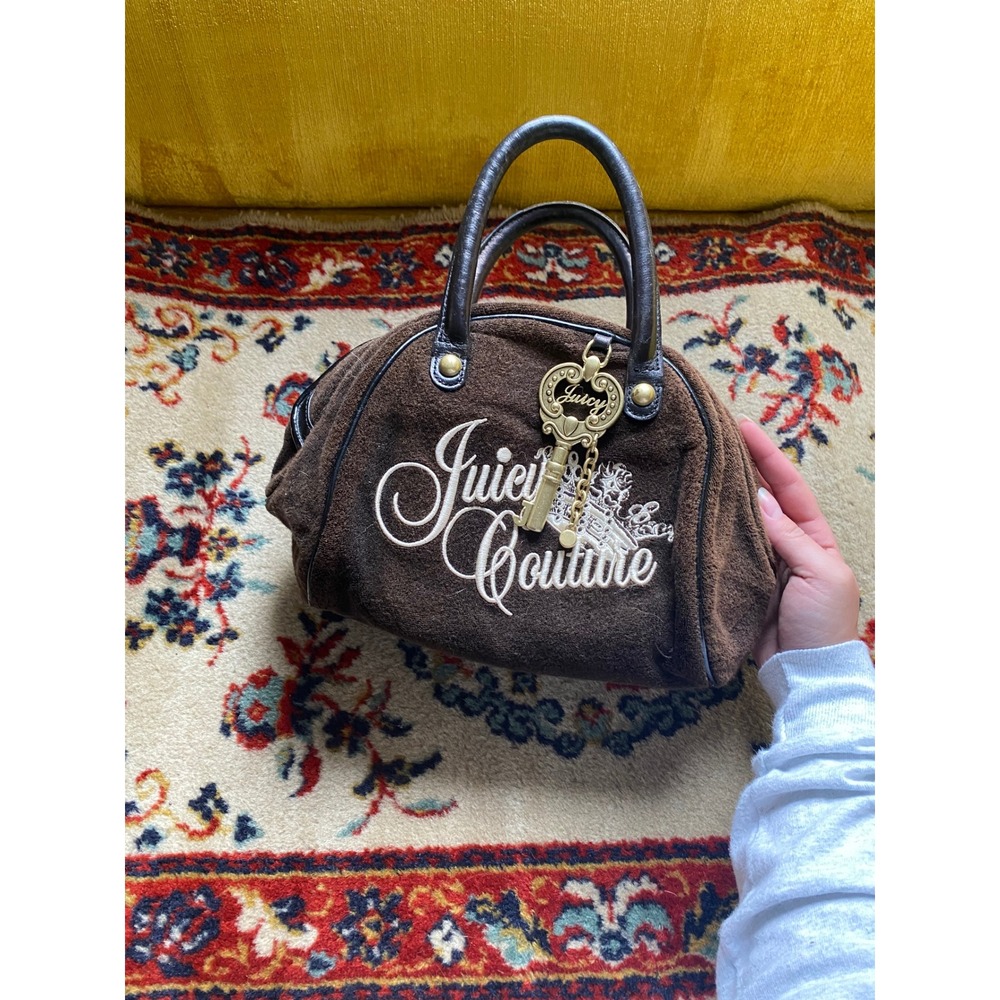 Vintage Juicy Couture Brown Velour Bowler Bag‎ Y2K Gothic Logo Key Charm Handbag